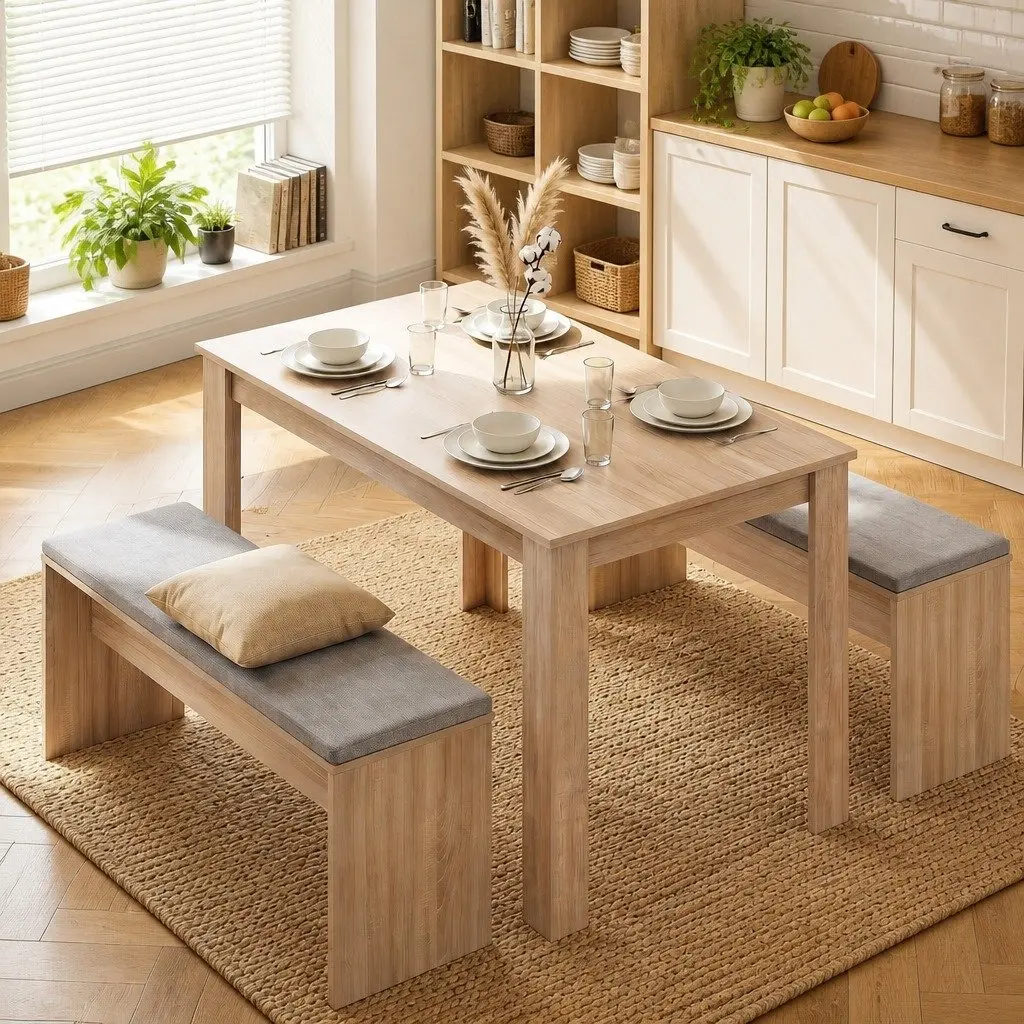 3 Piece Dining Set 120cm Table with 2 Upholstered Chairs Modern Kitchen Suite