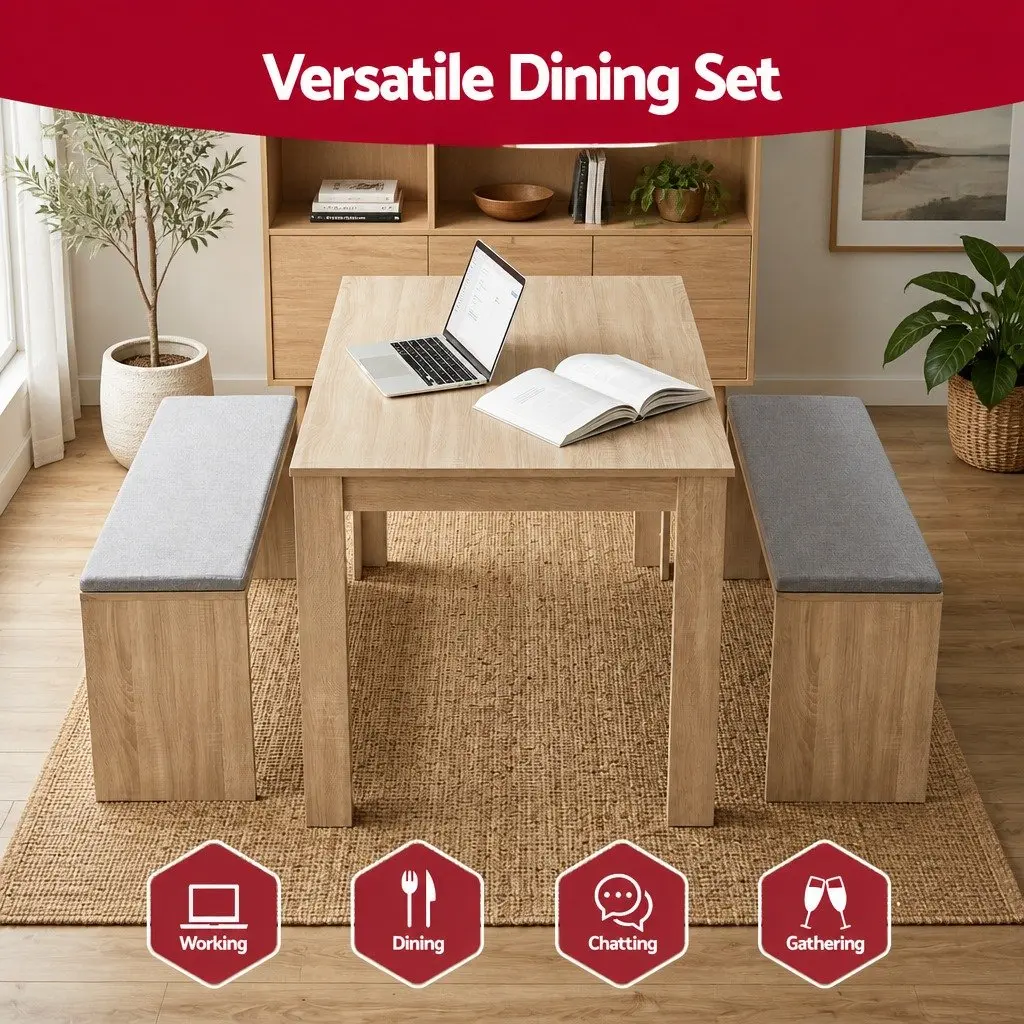 3 Piece Dining Set 120cm Table with 2 Upholstered Chairs Modern Kitchen Suite