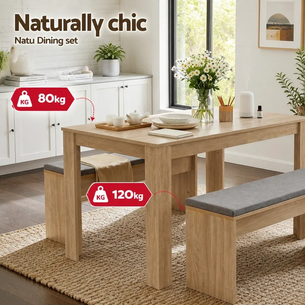 3 Piece Dining Set 120cm Table with 2 Upholstered Chairs Modern Kitchen Suite