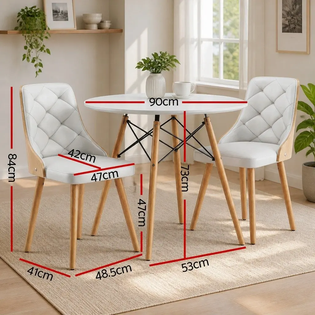 Dining Table and Chairs Set 3PCS 90cm Round 2 Seater Kitchen Dining Room White