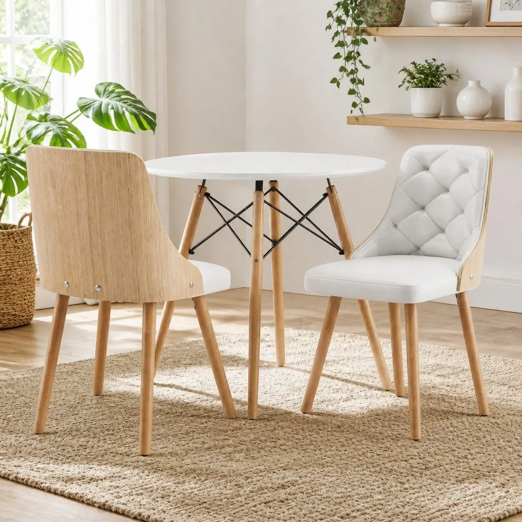 Dining Table and Chairs Set 3PCS 90cm Round 2 Seater Kitchen Dining Room White