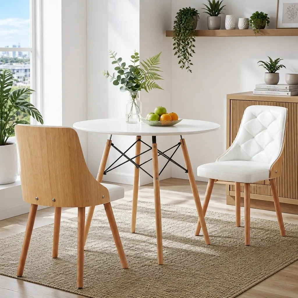 Dining Table and Chairs Set 3PCS 90cm Round 2 Seater Kitchen Dining Room White