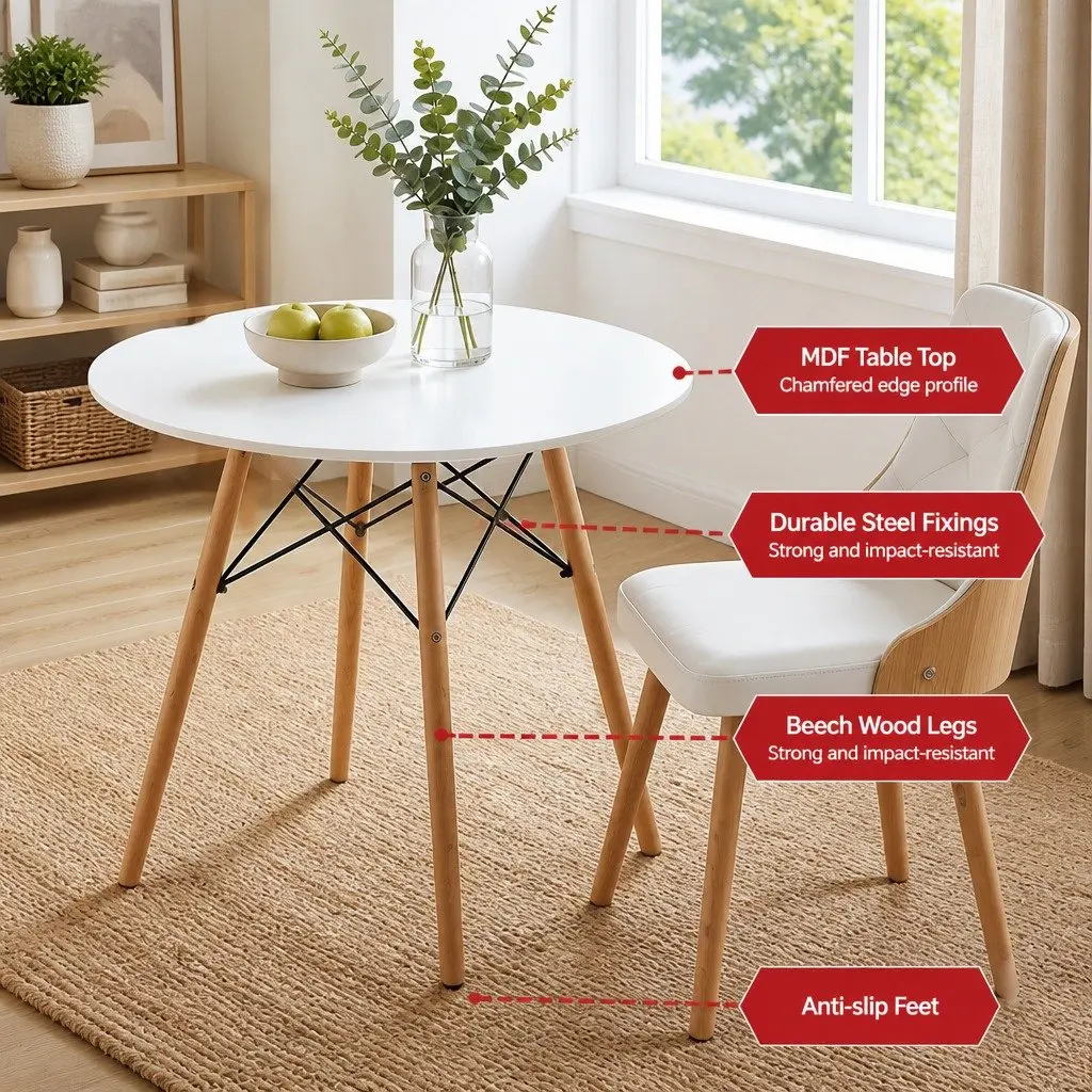 Dining Table and Chairs Set 3PCS 90cm Round 2 Seater Kitchen Dining Room White