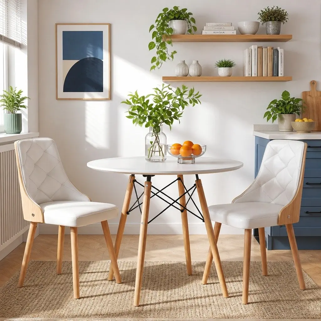 Dining Table and Chairs Set 3PCS 90cm Round 2 Seater Kitchen Dining Room White