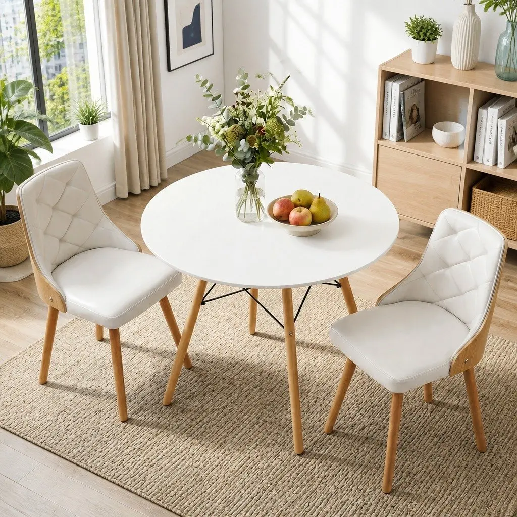 Dining Table and Chairs Set 3PCS 90cm Round 2 Seater Kitchen Dining Room White