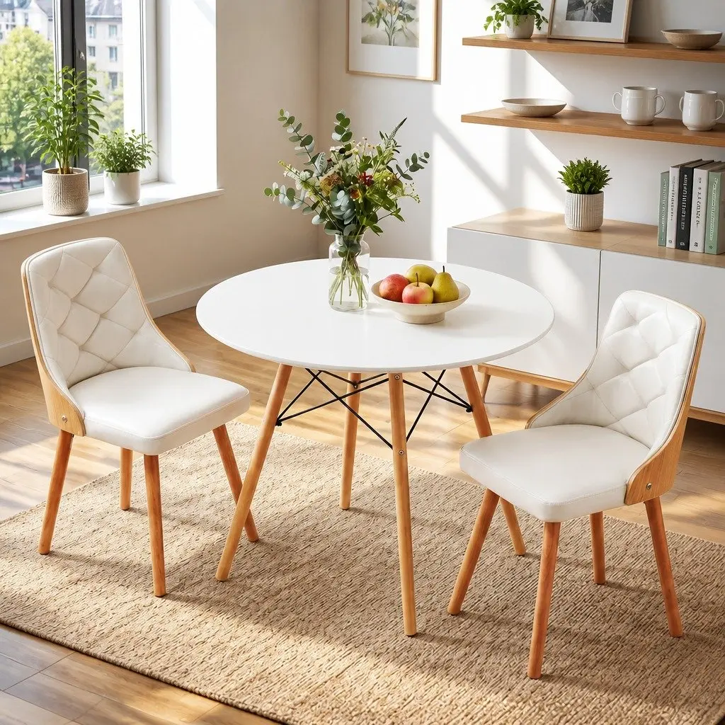 Dining Table and Chairs Set 3PCS 90cm Round 2 Seater Kitchen Dining Room White