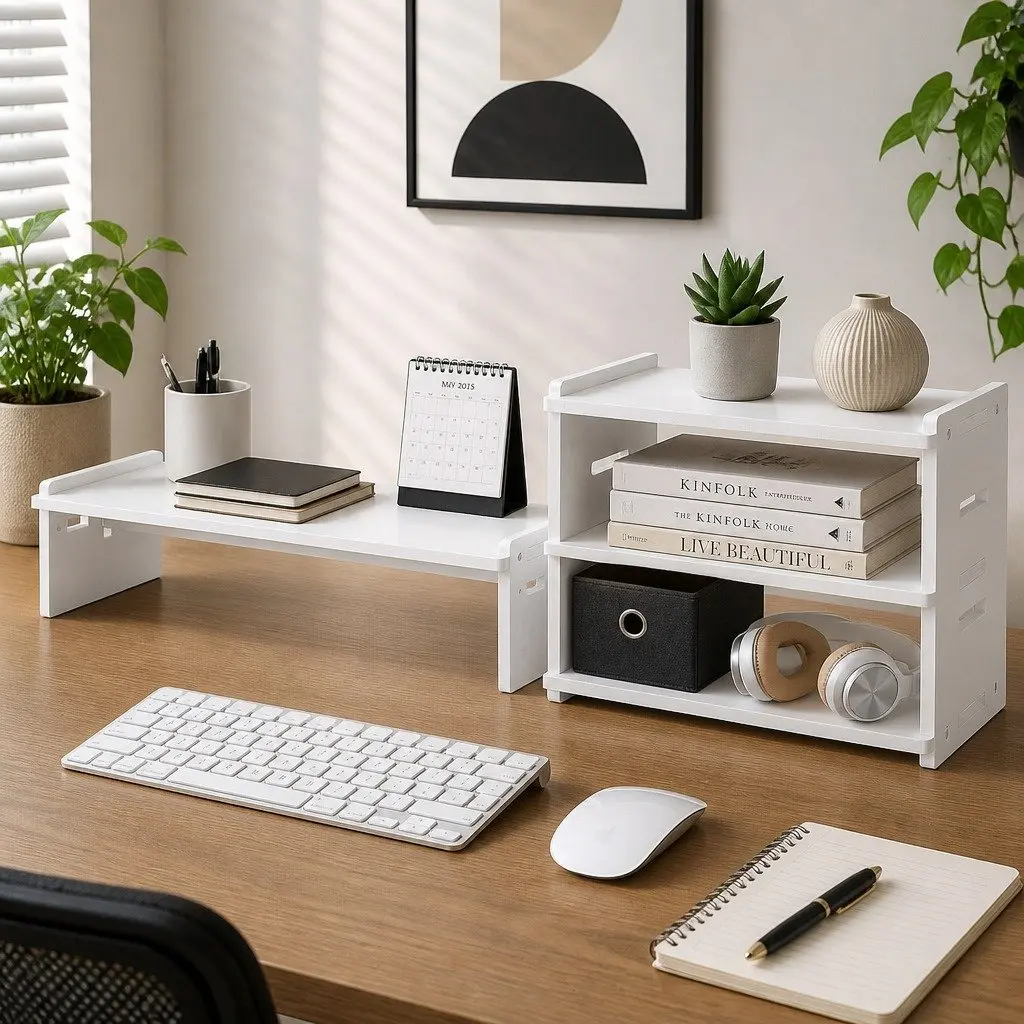 Monitor Stand White 2-in-1 Modular Riser 3-Tier Desk Organiser for Office