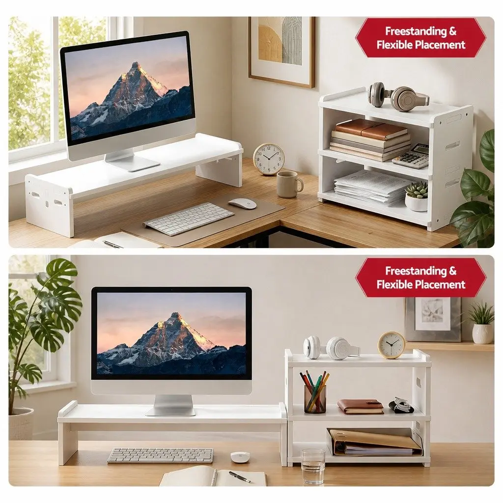 Monitor Stand White 2-in-1 Modular Riser 3-Tier Desk Organiser for Office