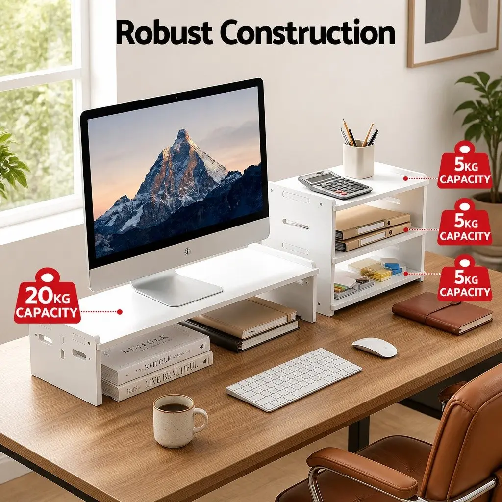 Monitor Stand White 2-in-1 Modular Riser 3-Tier Desk Organiser for Office