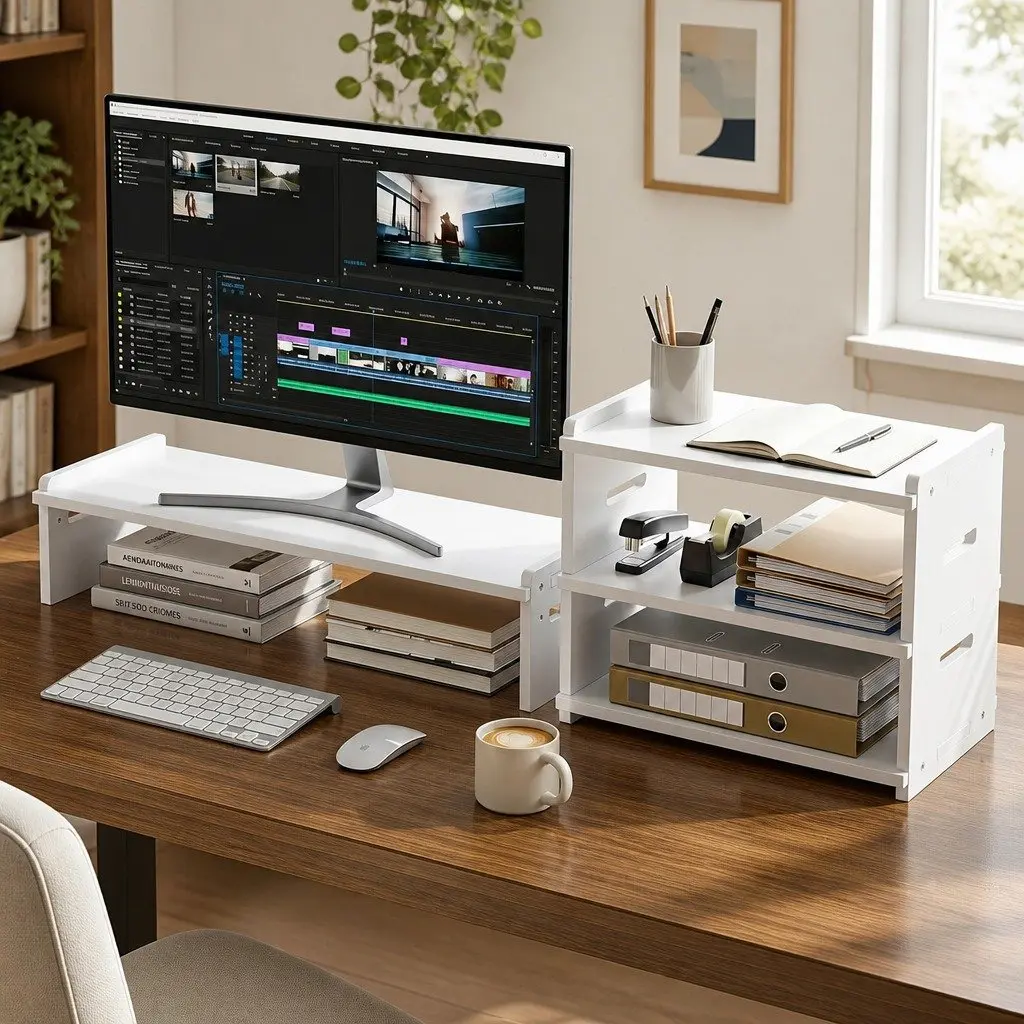 Monitor Stand White 2-in-1 Modular Riser 3-Tier Desk Organiser for Office