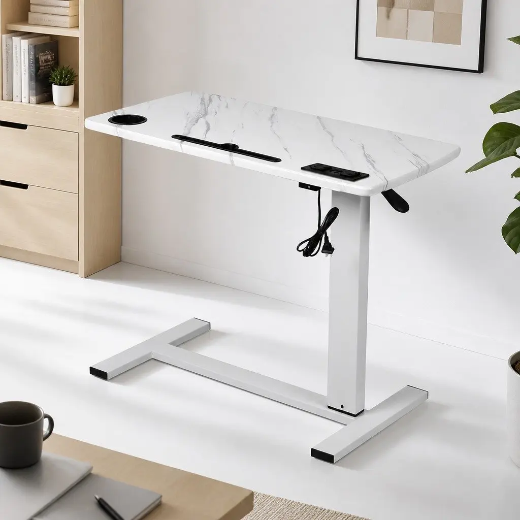 Height Adjustable Standing Desk White 65-93cm Gas Lift Mechanism with Power Points USB Charging Ports and Tablet Groove
