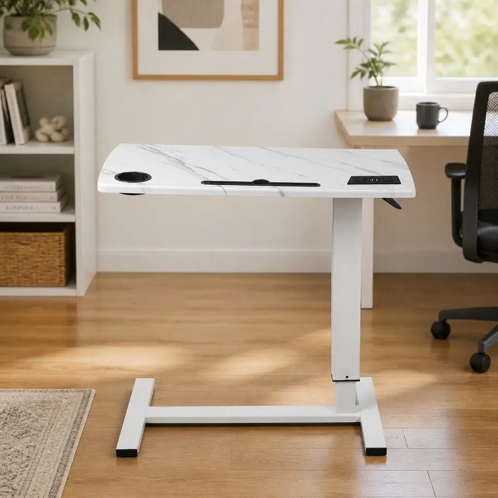 Height Adjustable Standing Desk White 65-93cm Gas Lift Mechanism with Power Points USB Charging Ports and Tablet Groove