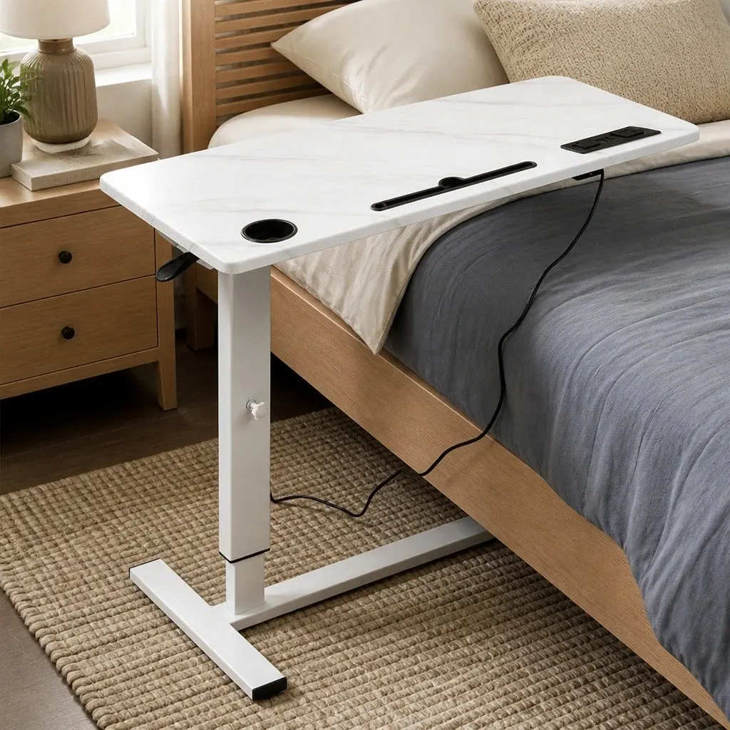 Height Adjustable Standing Desk White 65-93cm Gas Lift Mechanism with Power Points USB Charging Ports and Tablet Groove