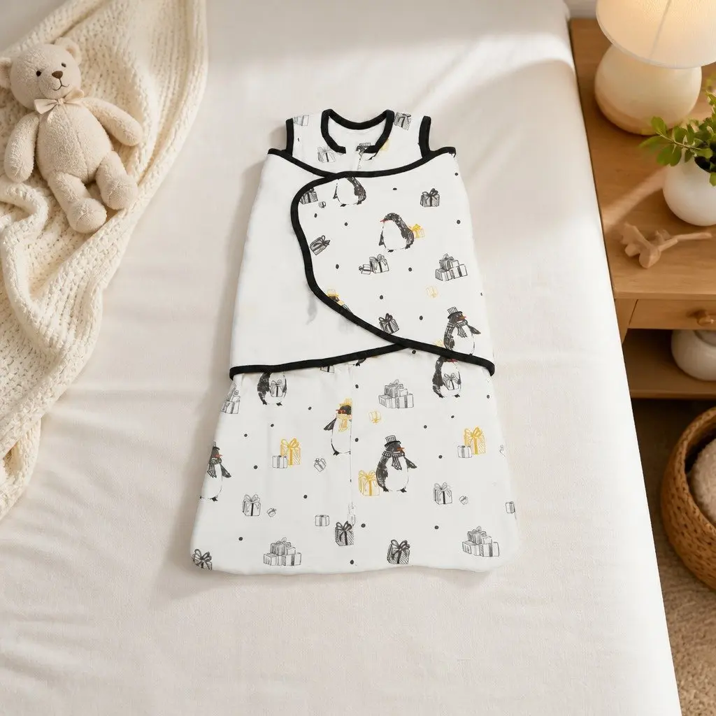 Pure Cotton Knit Newborn Sleepbag Split-Leg Design Penguin Character Sleep Wear