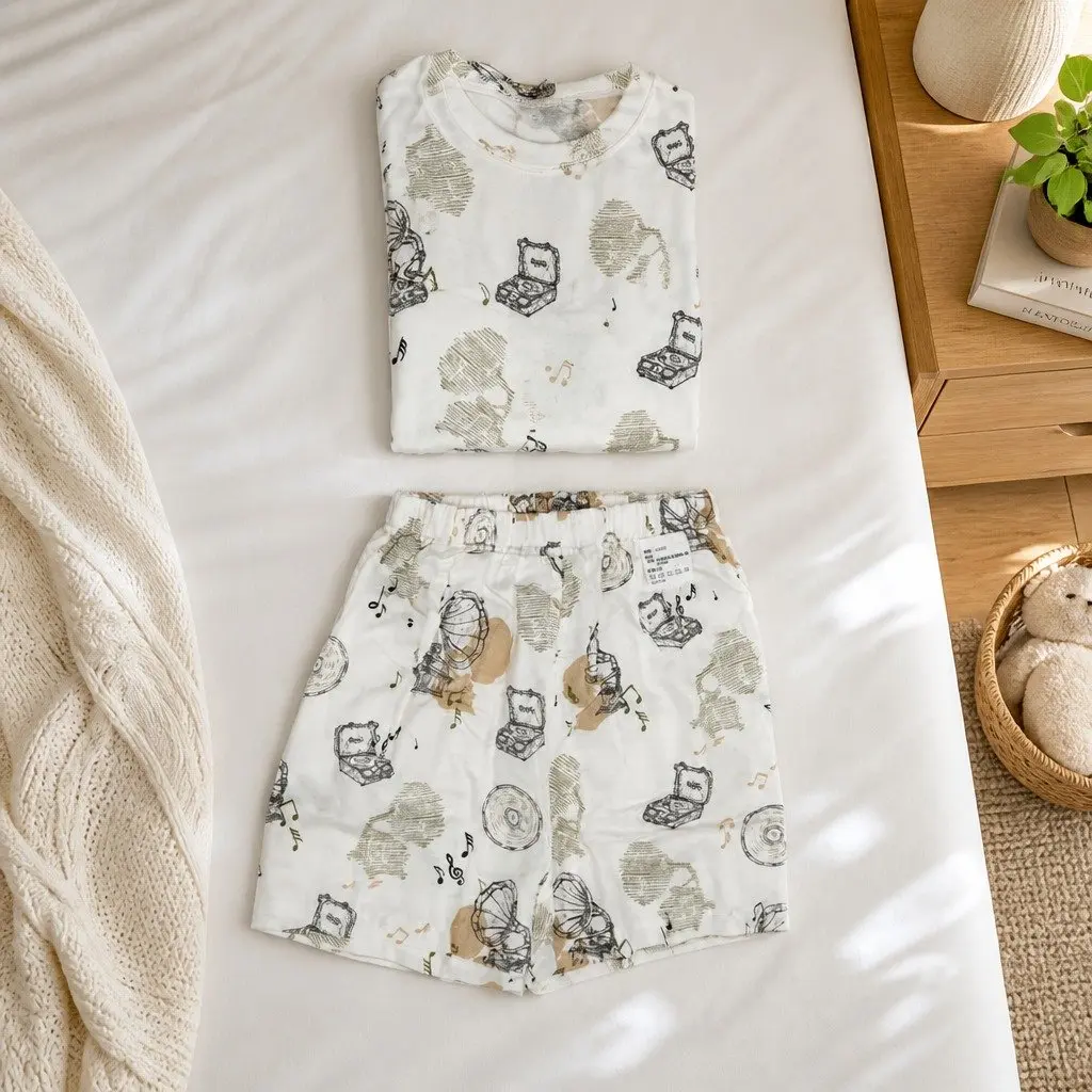 Kids Pajama Set Bamboo Fiber Cotton Gramophone Radio Print Short Sleeve 110