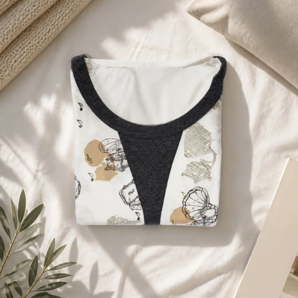 Matching Loungewear Set Vintage Gramophone Radio Print Relaxed Fit Cotton Blend