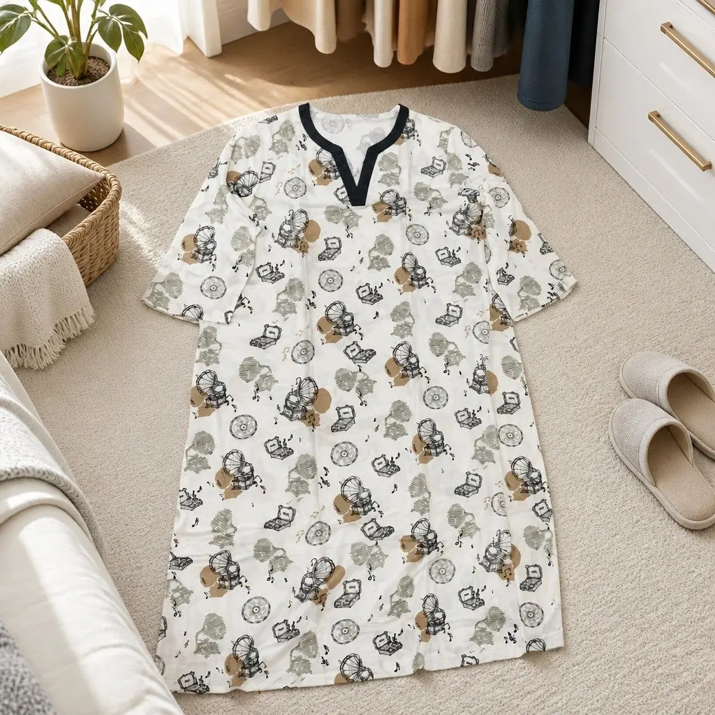 Matching Loungewear Set Vintage Gramophone Radio Print Relaxed Fit Cotton Blend