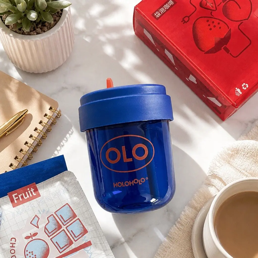 Reusable Coffee Cup Blue 300ml Heat-Resistant Durable with Straw
