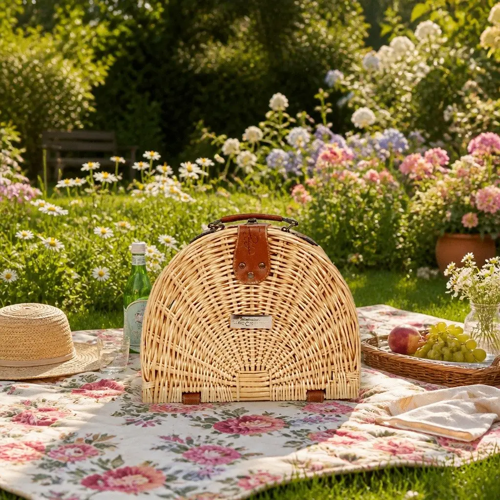 Handmade Portable Picnic Basket Semi Round Outdoor Dining Food Storage