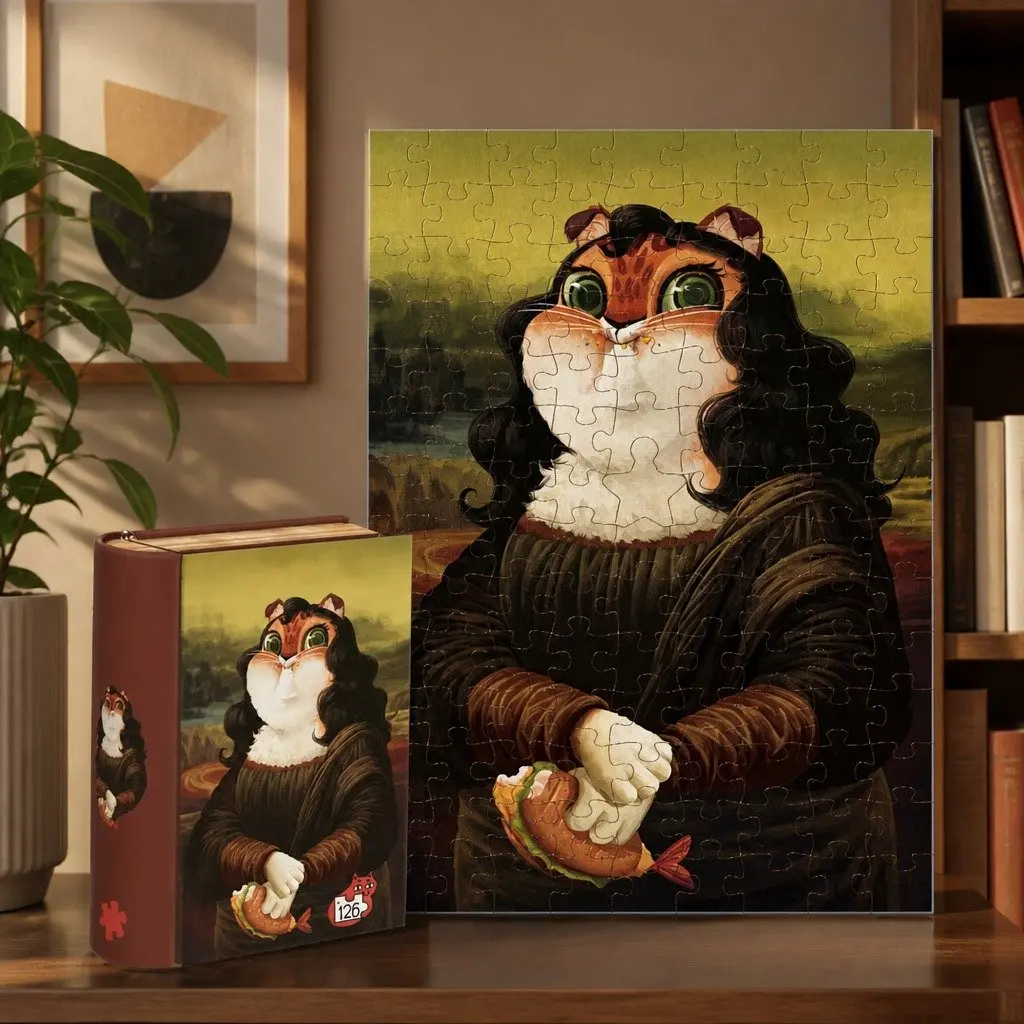 Cat Puzzle 126 Pieces Tin Case Mona Lisa Artistic Theme Jigsaw Game