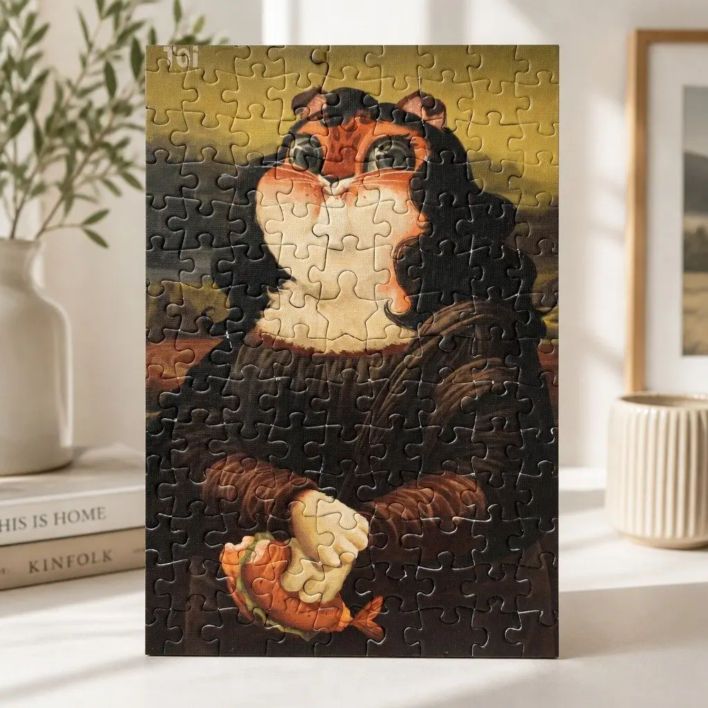 Cat Puzzle 126 Pieces Tin Case Mona Lisa Artistic Theme Jigsaw Game
