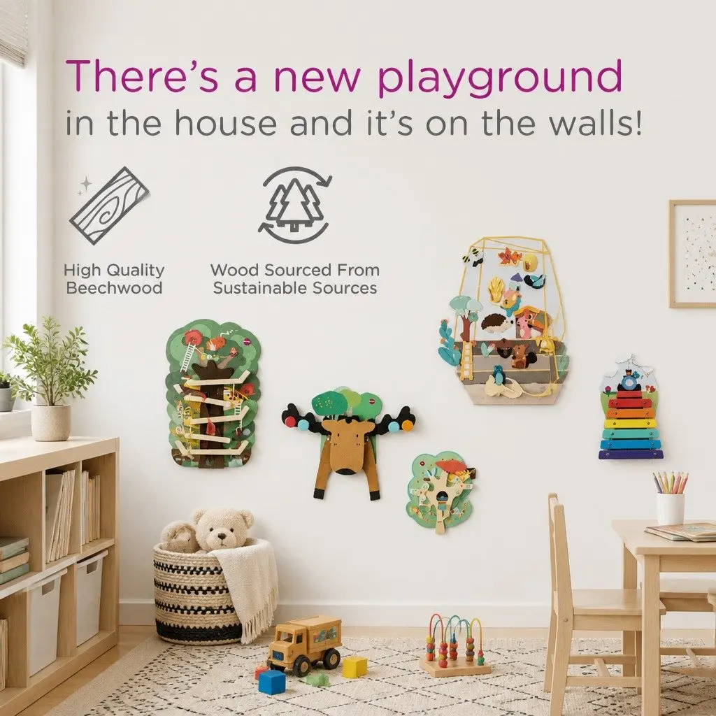 Wall Mounted Baby Activity Board Interactive Game Bunny Friends 16.5in x 11.7in