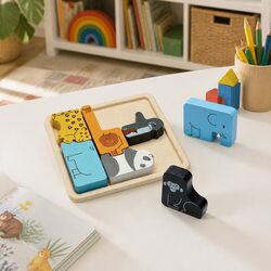 Animal Puzzle Game Wooden Blocks Children Learning Development Fine Motor Skills