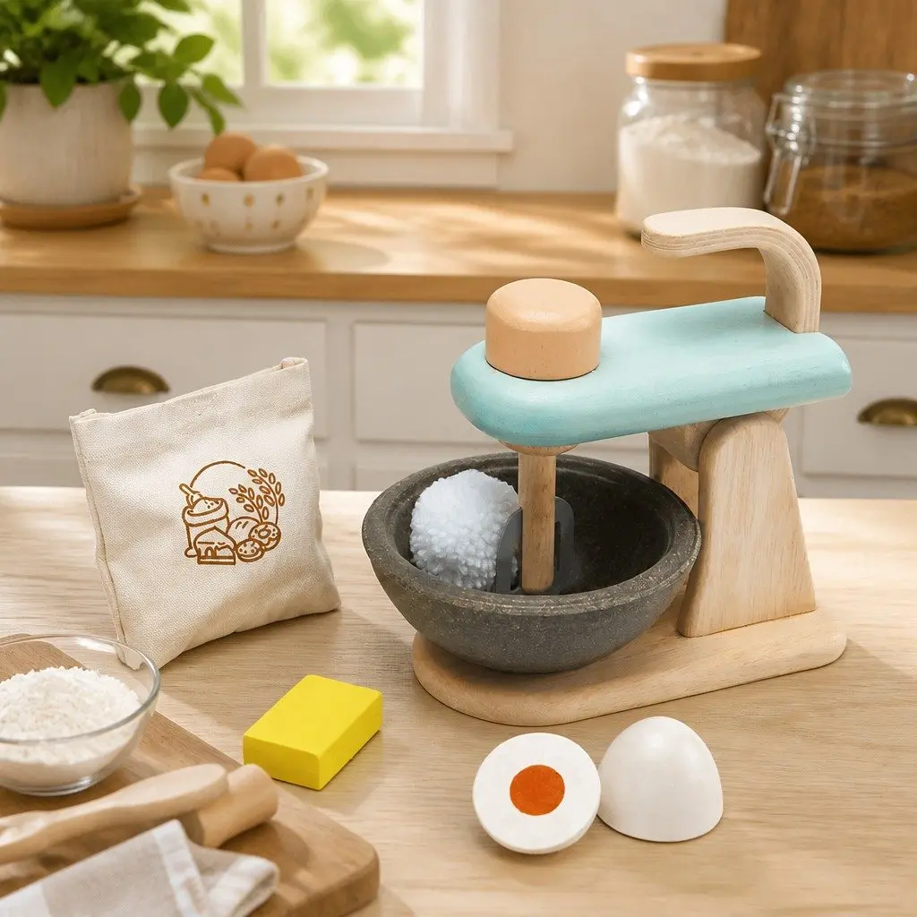 Kids Stand Mixer Toy Set Wooden Pretend Play Kitchen Baking Role Play 6 Piece