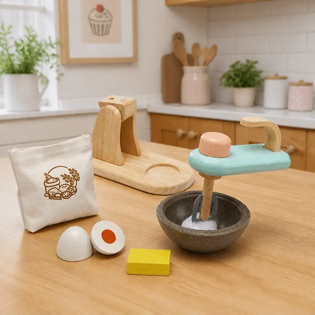 Kids Stand Mixer Toy Set Wooden Pretend Play Kitchen Baking Role Play 6 Piece