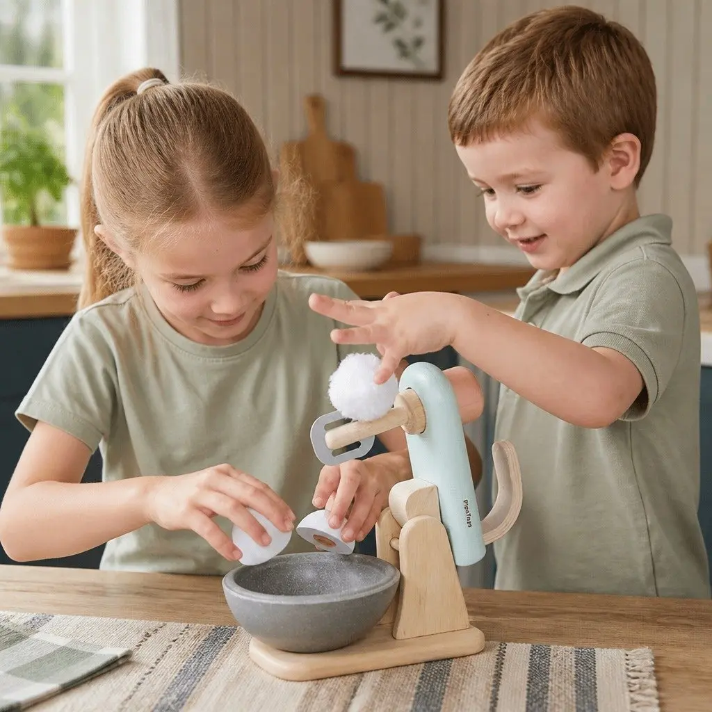 Kids Stand Mixer Toy Set Wooden Pretend Play Kitchen Baking Role Play 6 Piece