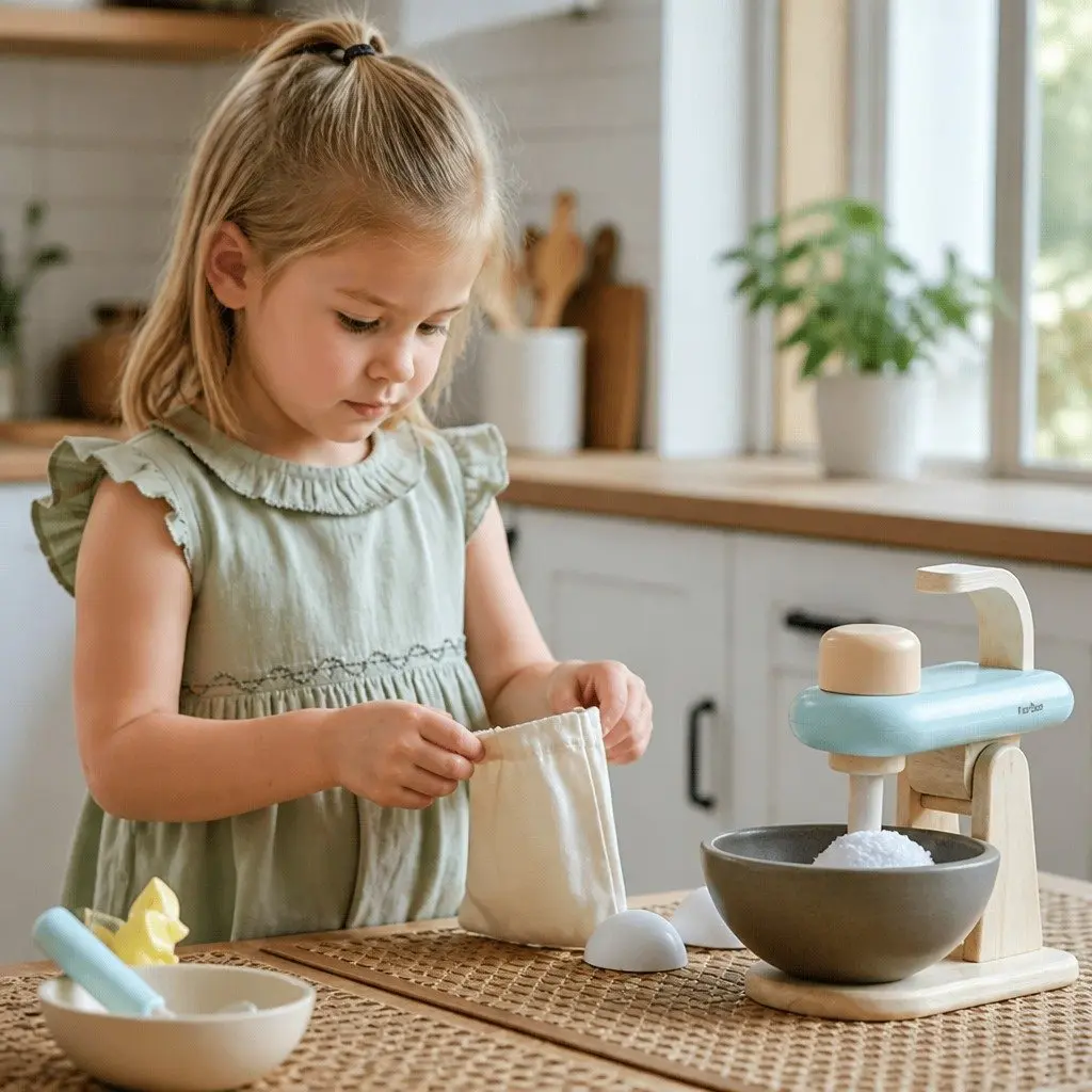 Kids Stand Mixer Toy Set Wooden Pretend Play Kitchen Baking Role Play 6 Piece