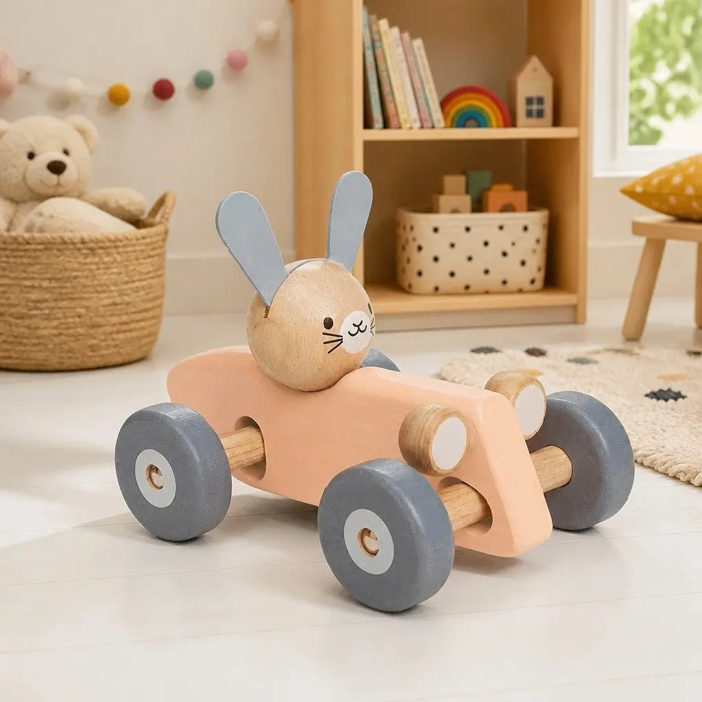 Bunny Racing Car Toy Vintage Theme Early Learning Vehicle Turning Wheel