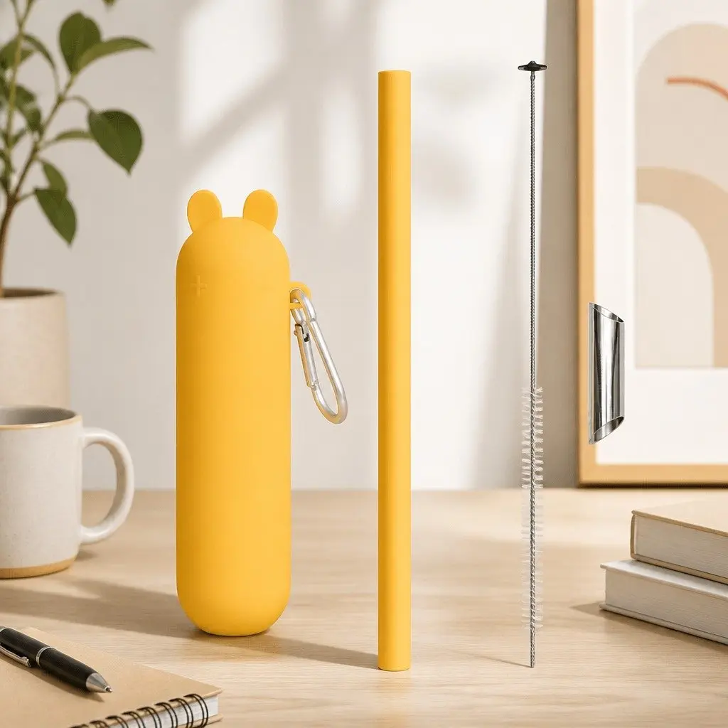 Bubble Tea Straw Reusable Yellow Extra Wide with Cleaner and Travel Case
