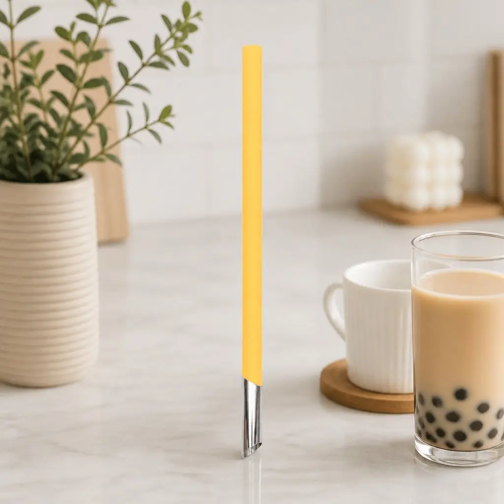 Bubble Tea Straw Reusable Yellow Extra Wide with Cleaner and Travel Case
