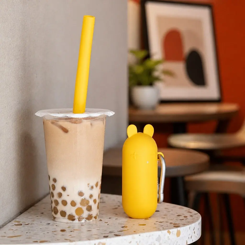 Bubble Tea Straw Reusable Yellow Extra Wide with Cleaner and Travel Case