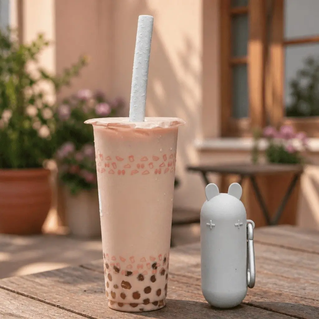Bubble Tea Straw Reusable Yellow Extra Wide with Cleaner and Travel Case