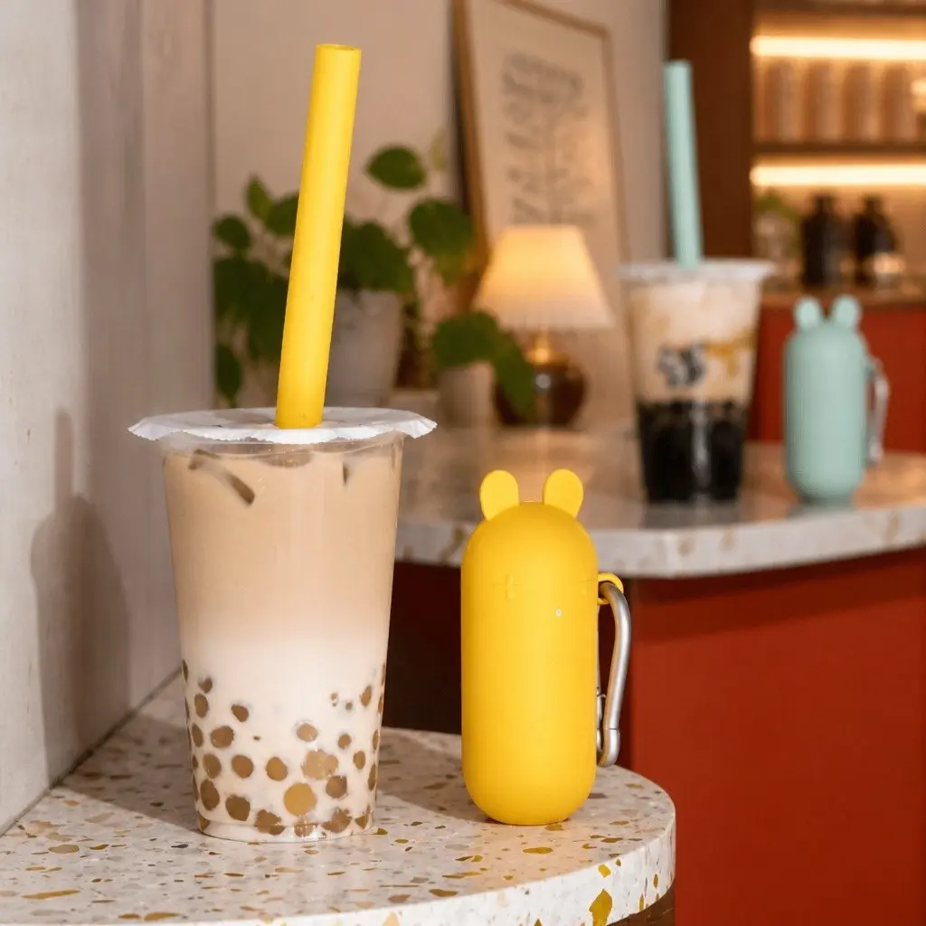 Reusable Bubble Tea Straw Blue Dusk Extra Wide Portable with Travel Case Cleaner and Carabiner