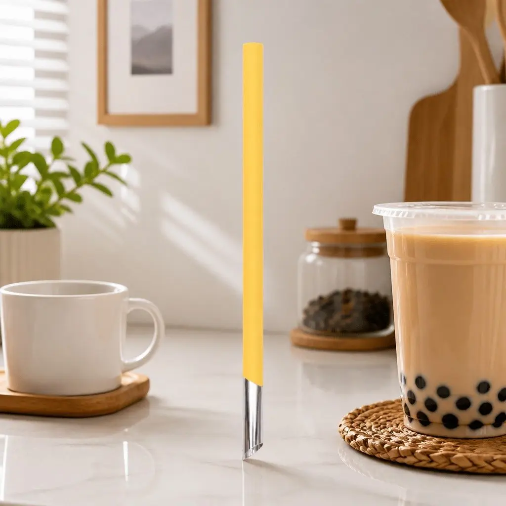 Reusable Bubble Tea Straw Extra Wide Stainless Steel Piercing Tip Silicone Travel Case
