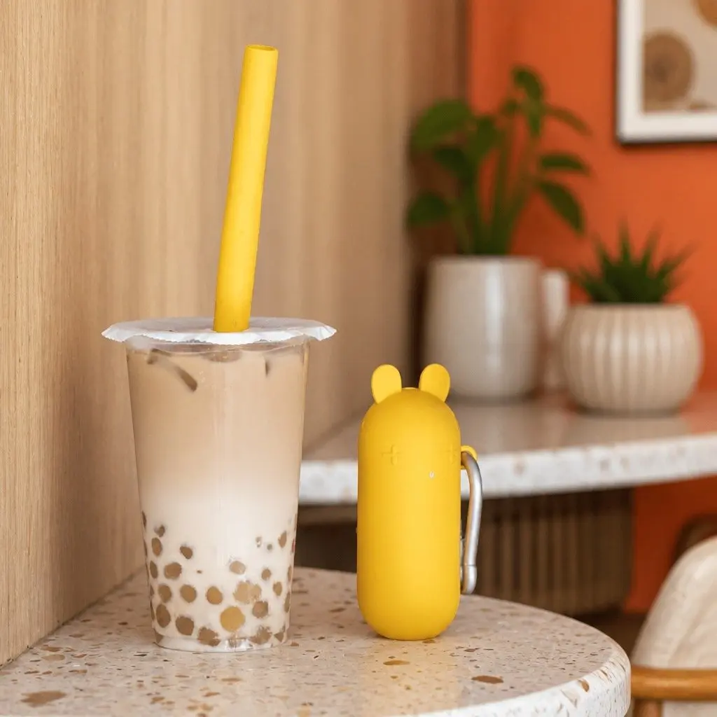 Reusable Bubble Tea Straw Extra Wide Stainless Steel Piercing Tip Silicone Travel Case