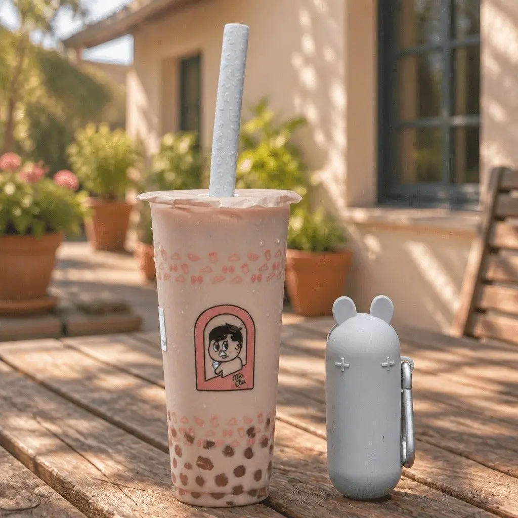 Reusable Bubble Tea Straw Extra Wide Stainless Steel Piercing Tip Silicone Travel Case