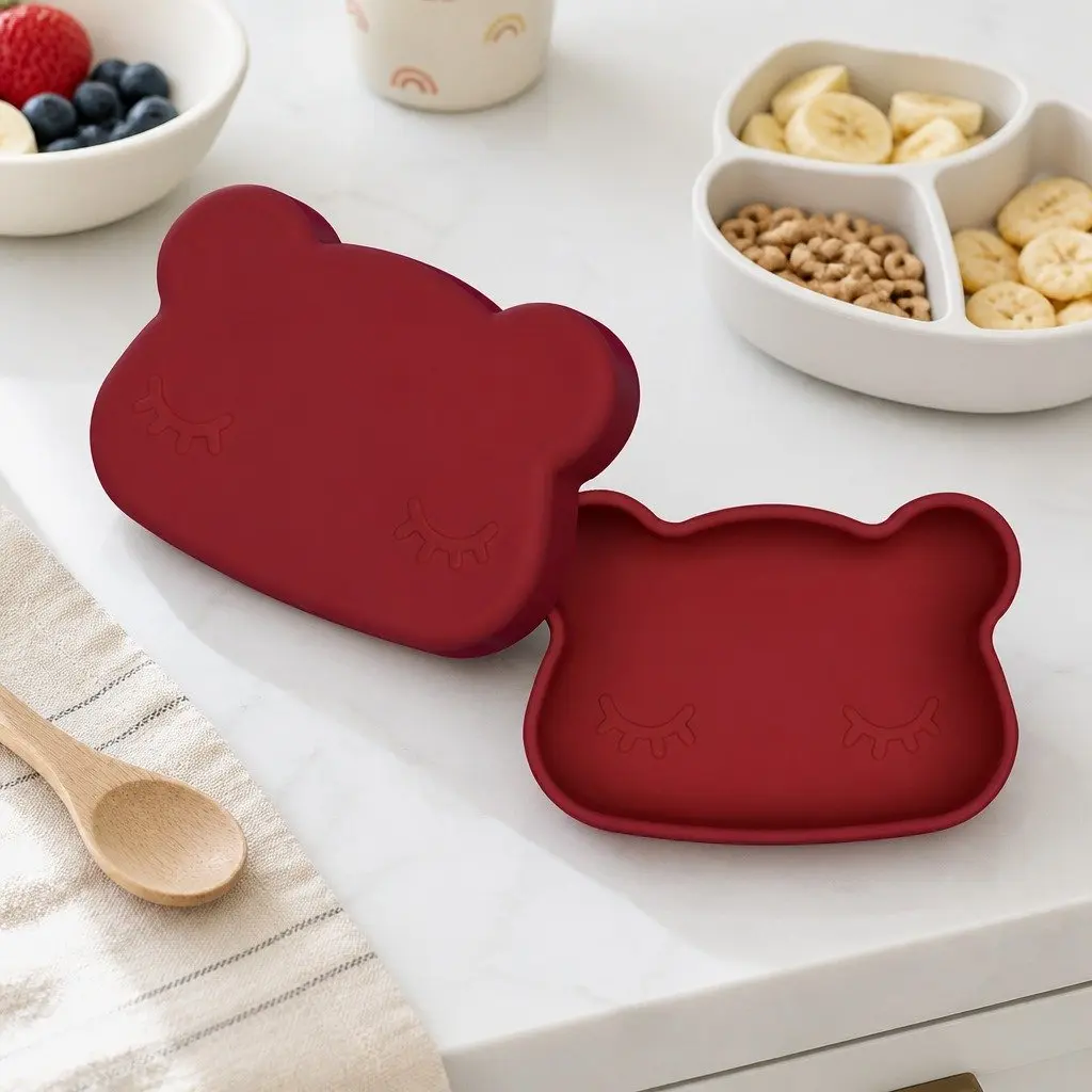 Silicone Snack Bowl Plate Grey Toddler Portable Feeding Dish with Flexible Strap