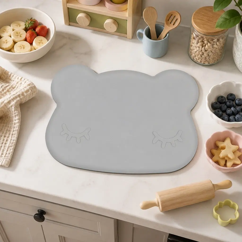 Silicone Snack Bowl Plate Grey Toddler Portable Feeding Dish with Flexible Strap
