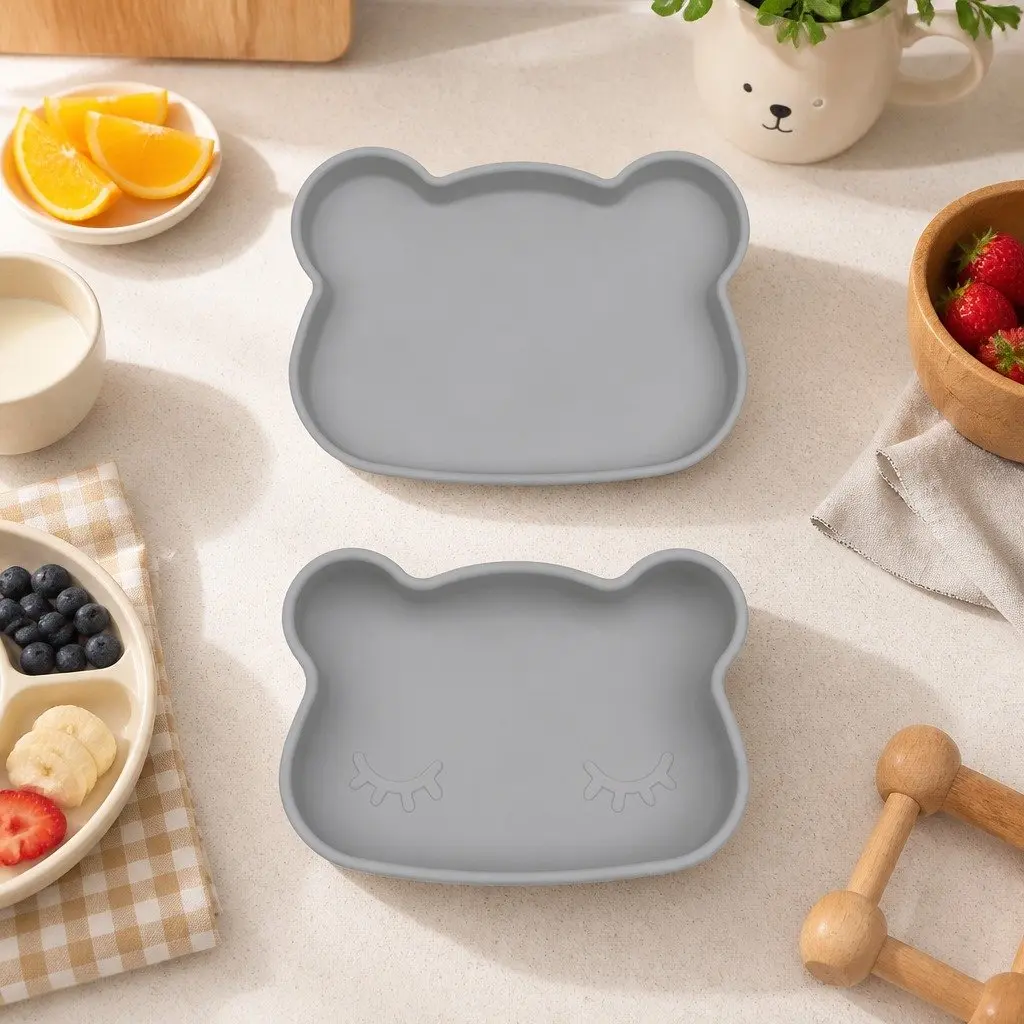 Silicone Snack Bowl Plate Grey Toddler Portable Feeding Dish with Flexible Strap