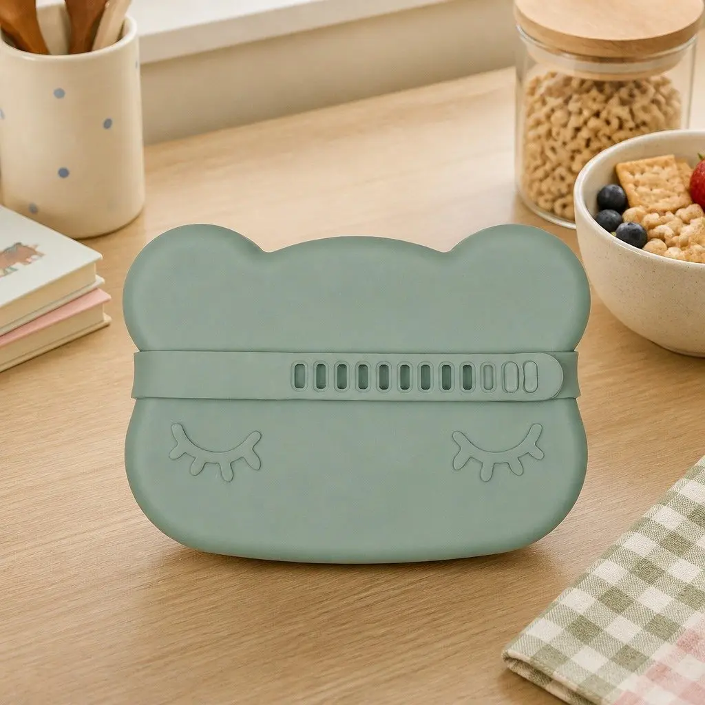 Silicone Snack Bowl Plate Grey Toddler Portable Feeding Dish with Flexible Strap