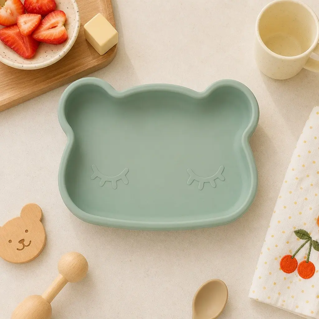 Silicone Snack Bowl Plate Grey Toddler Portable Feeding Dish with Flexible Strap