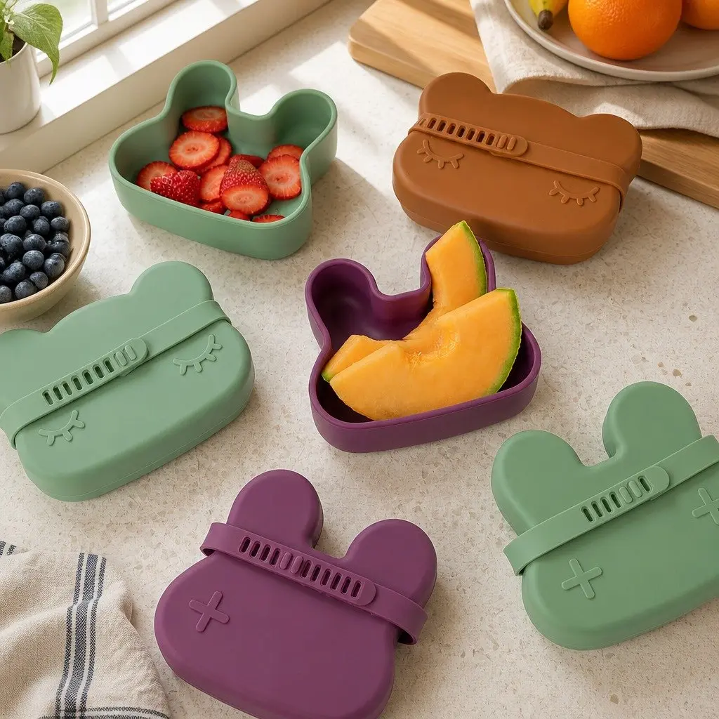 Silicone Snack Bowl Plate Grey Toddler Portable Feeding Dish with Flexible Strap