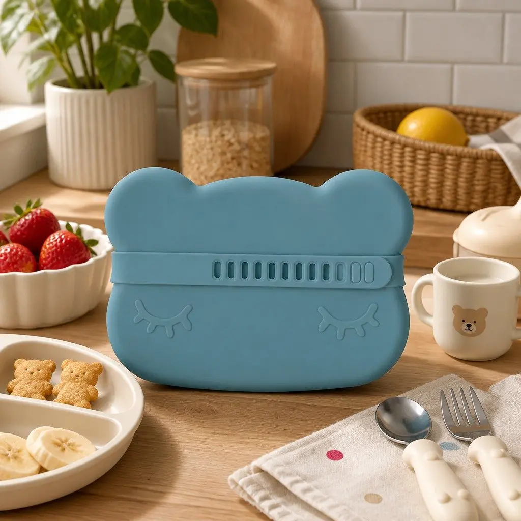 Silicone Snack Bowl Plate Grey Toddler Portable Feeding Dish with Flexible Strap
