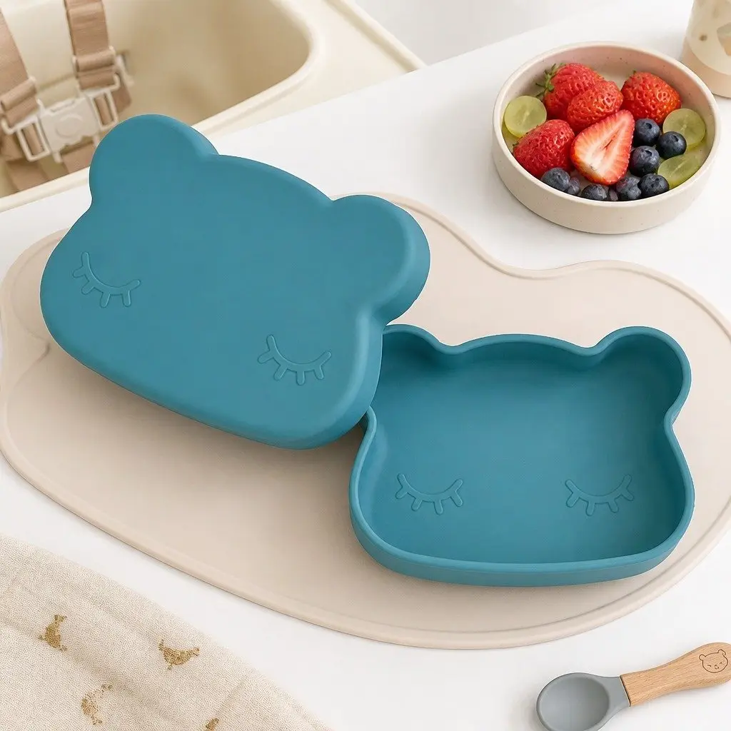 Silicone Snack Bowl Plate Grey Toddler Portable Feeding Dish with Flexible Strap