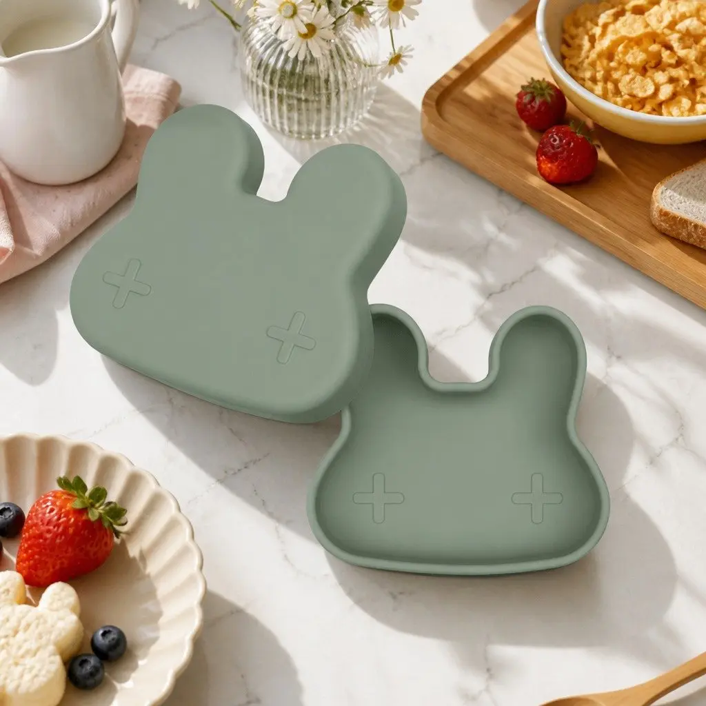 Silicone Snack Bowl Plate Set Grey Toddler Bunny Shape Freezer Microwave Oven Safe
