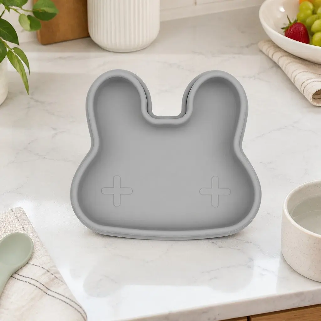 Silicone Snack Bowl Plate Set Grey Toddler Bunny Shape Freezer Microwave Oven Safe